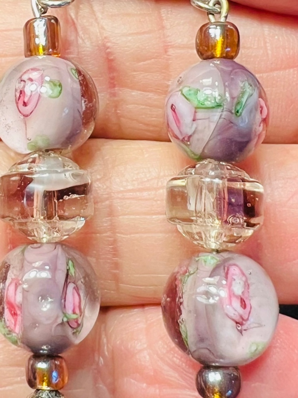 Artisan Pnk/Purple Floral Dainty Lampwork Glass Drop Silver Tone Hook Earrings